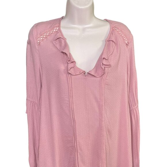 Free People Pink Boho Blouse Top Ruffle Collar Draw String Mid Sleeve Size XS u - Picture 2 of 14